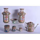 A 19TH CENTURY CHINESE CANTON FAMILLE ROSE TEAPOT AND COVER together with vases etc. Largest 25 cm