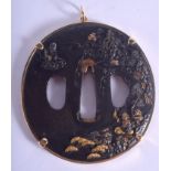 A 19TH CENTURY JAPANESE MEIJI PERIOD GOLD INLAID IRON TSUBA decorated with scholars and immortals.