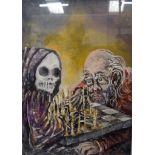 EUROPEAN SCHOOL (20th century) FRAMED OIL ON BOARD, Grim Reaper playing chess with an oriental male