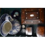 A MOTHER OF PEARL INLAID ROSEWOOD SEWING BOX, together with pottery etc. (qty)
