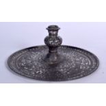 A LARGE 19TH CENTURY INDIAN BIDRI SILVER INLAID OIL LAMP BASE, decorated with foliage. 29 cm wide.