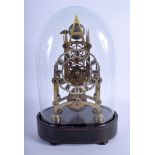AN ANTIQUE BRASS SKELETON CLOCK within a glass dome. Clock 27 cm x 11 cm.