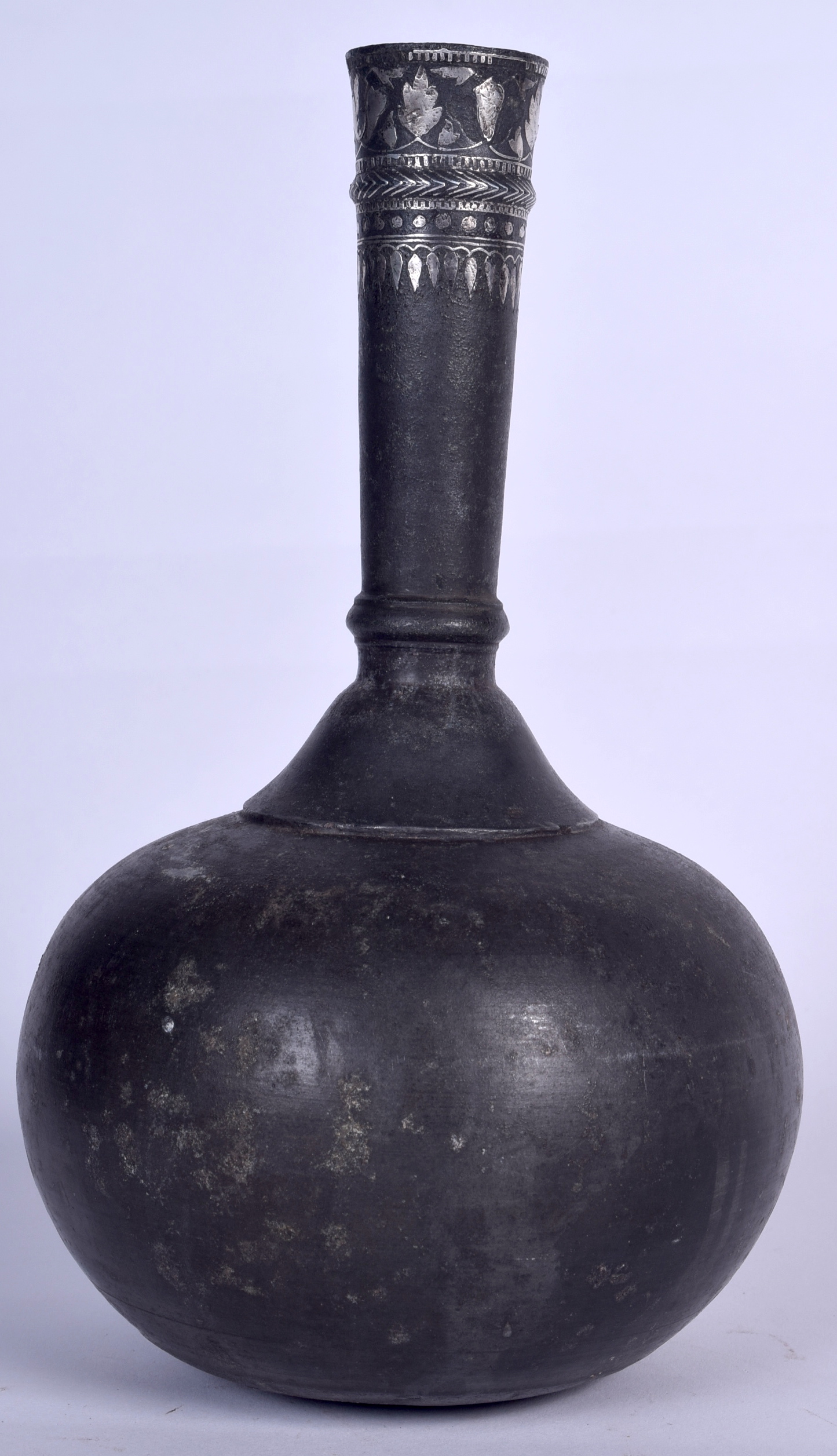 A 19TH CENTURY SILVER INLAID BIDRI VASE, formed with a bulbous body. 25 cm high.