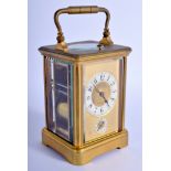 AN ANTIQUE LEROY OF PARIS REPEATING BRASS CARRIAGE CLOCK with subsidiary dial. 15 cm high inc handl