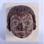 A GOOD 18TH CENTURY CONTINENTAL CARVED POLYCHROMED WOOD MASK modelled upon a square wood panel. Hea