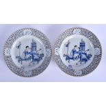 A RARE PAIR OF 18TH CENTURY CHINESE BLUE AND WHITE PLATES Qianlong, painted with erotic scenes with