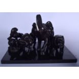 FOUR ANIMAL FIGURINES, together with a base. Base 40 cm wide.
