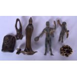 A CHINESE BRONZE FIGURE OF GUANYIN, together with five other bronze items. Largest 11 cm. (6)