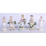 THREE DERBY PORCELAIN FIGURINES, together with a pair of Staffordshire figures Largest 15 cm. (5)