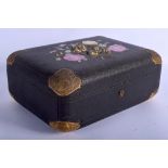 A 19TH CENTURY LEATHER IVORY INSET FLORAL JEWELLERY CASE decorated with roses and butterflies. 30 c