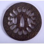 A BOXED 19TH CENTURY JAPANESE MEIJI PERIOD GOLD INLAID IRON TSUBA decorated with foliage. 8 cm x 8.