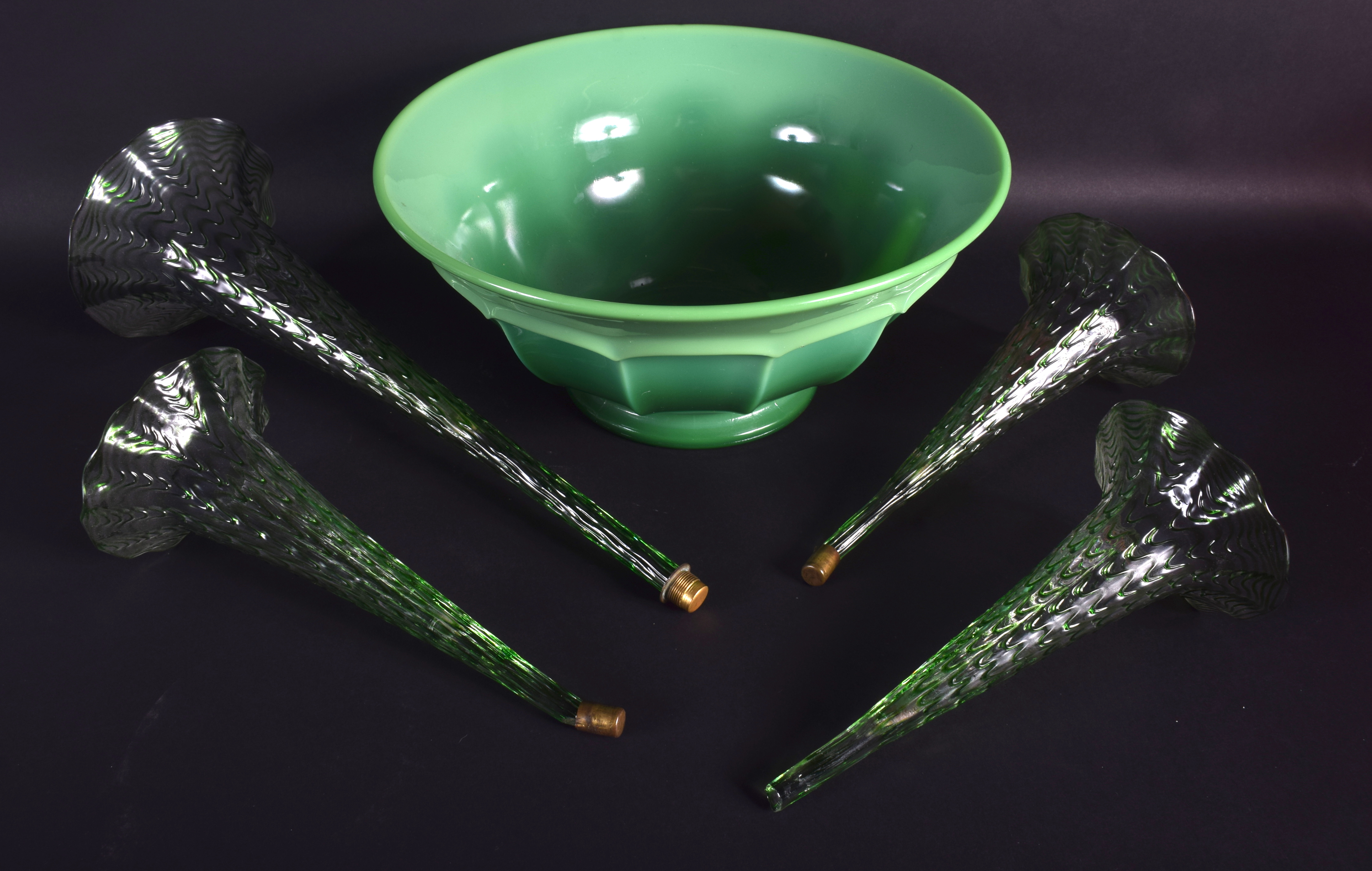 A 1950S URANIUM GREEN GLASS DECO STYLE BOWL together with four Vaseline glass epergne segments. (5)