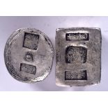 TWO CHINESE WHITE METAL INGOTS. Largest 6 cm wide. (2)