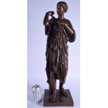 A LARGE ANTIQUE FRENCH BRONZE FIGURE OF A CLASSICAL ROMAN FEMALE modelled holding aloft her draped