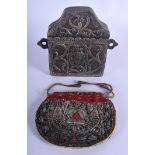 AN ANTIQUE MIDDLE EASTERN BRASS COIN INSET PURSE together with a smaller Eastern silk purse. Larges
