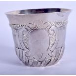 AN EARLY 18TH CENTURY ENGLISH SILVER BEAKER decorated with scrolls. 2.1 oz. 8.5 cm x 6.5 cm.