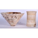AN CONICAL SHAPED ALABASTER BOWL, together with a pen pot. Bowl 19 cm wide. (2)