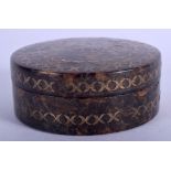 AN EARLY 19TH CENTURY REGENCY GOLD INLAID TORTOISESHELL BOX decorated with motifs. 8 cm diameter.