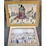 AFTER L.S LOWRY FRAMED PRINT, figures on the beach, together with another similar. Largest 52 cm x