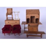 A GROUP OF VINTAGE DOLL HOUSE FURNITURE, including a pair of crimson red arm chairs. (qty)