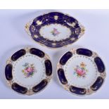 Royal Crown Derby acorn handled serving dish and two matching plates hand painted with flowers unde