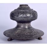 AN INDIAN BIDRI HOOKAH BASE, inlaid with silver foliage. 16.5 cm x 17 cm.