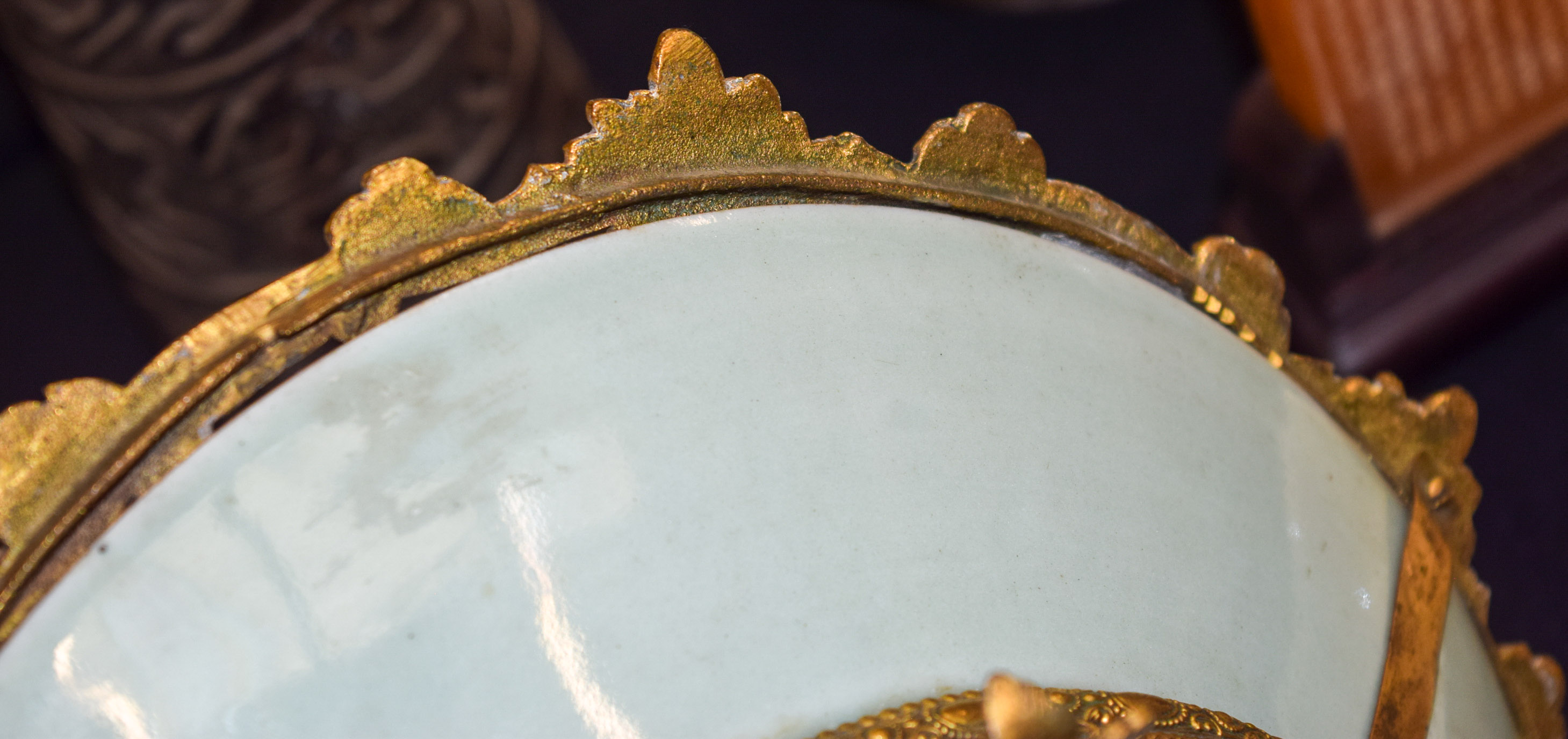 A 19TH CENTURY CHINESE CELADON FAMILLE ROSE PLATE with French bronze ormolu mounts. 28 cm x 24 cm. - Image 8 of 8
