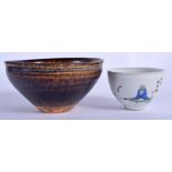 A CHINESE QING DYNASTY HARES FOOT STONEWARE BOWL together with a 1960s tea bowl. 12 cm & 5 cm wide.