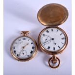 TWO EARLY 20TH CENTURY GOLD PLATED POCKET WATCHES. Largest 5.25 cm wide. (2)