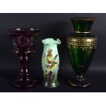 A LARGE ANTIQUE BOHEMIAN GLASS VASE together with a similar lustre & Vaseline vase. Largest 33 cm h