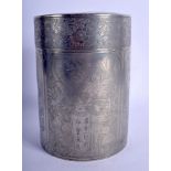 AN EARLY 20TH CENTURY CHINESE PEWTER TEA CADDY AND COVER decorated with figures and landscapes. 18