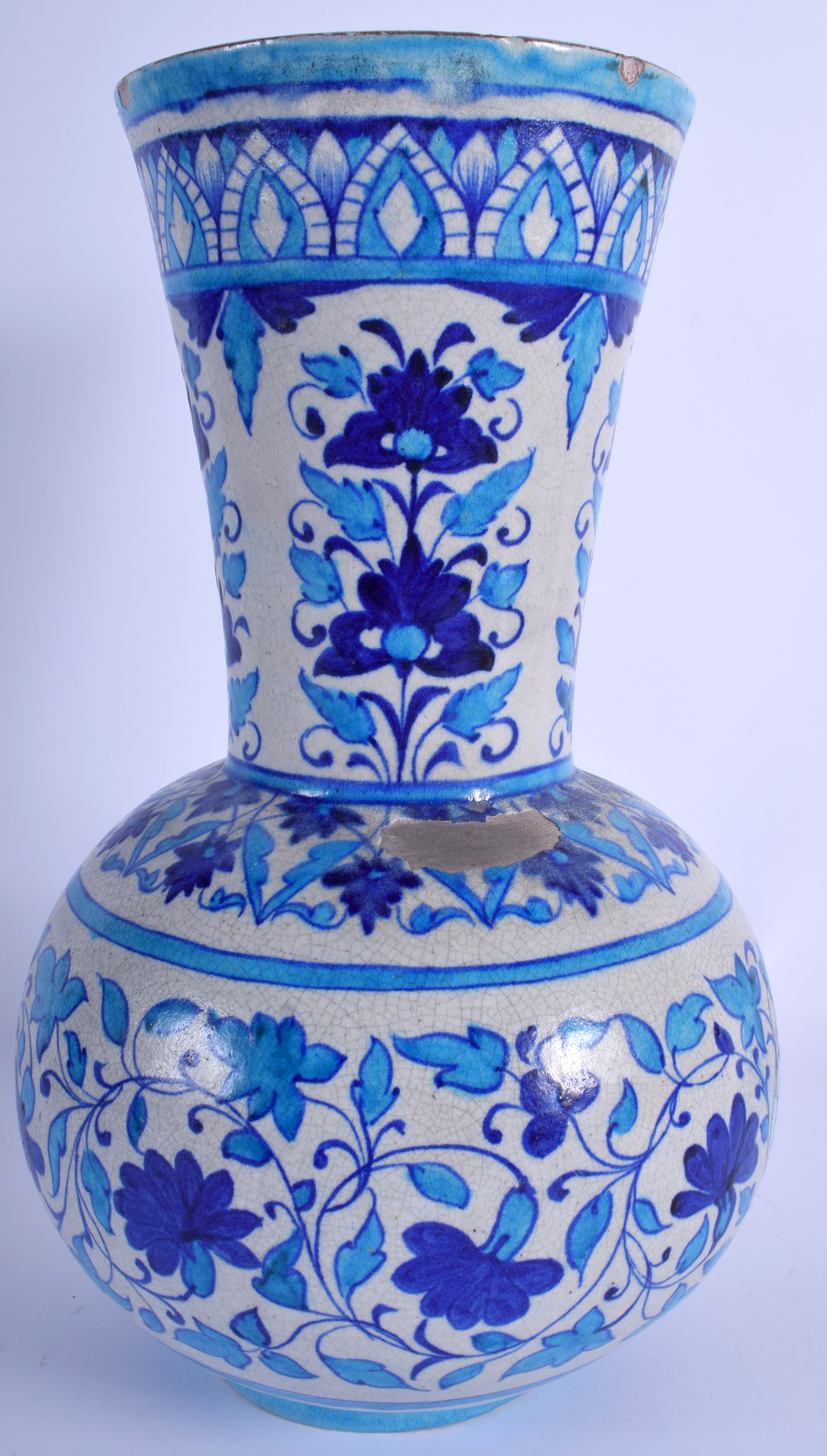 A LARGE PERSIAN MIDDLE EASTERN ISLAMIC FAIENCE BLUE VASE painted with flowers. 34 cm high. - Image 3 of 4