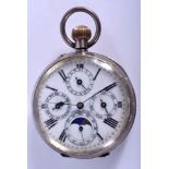 AN ANTIQUE CONTINENTAL MULTI DIAL MOON PHASE POCKET WATCH. 4.5 cm wide.