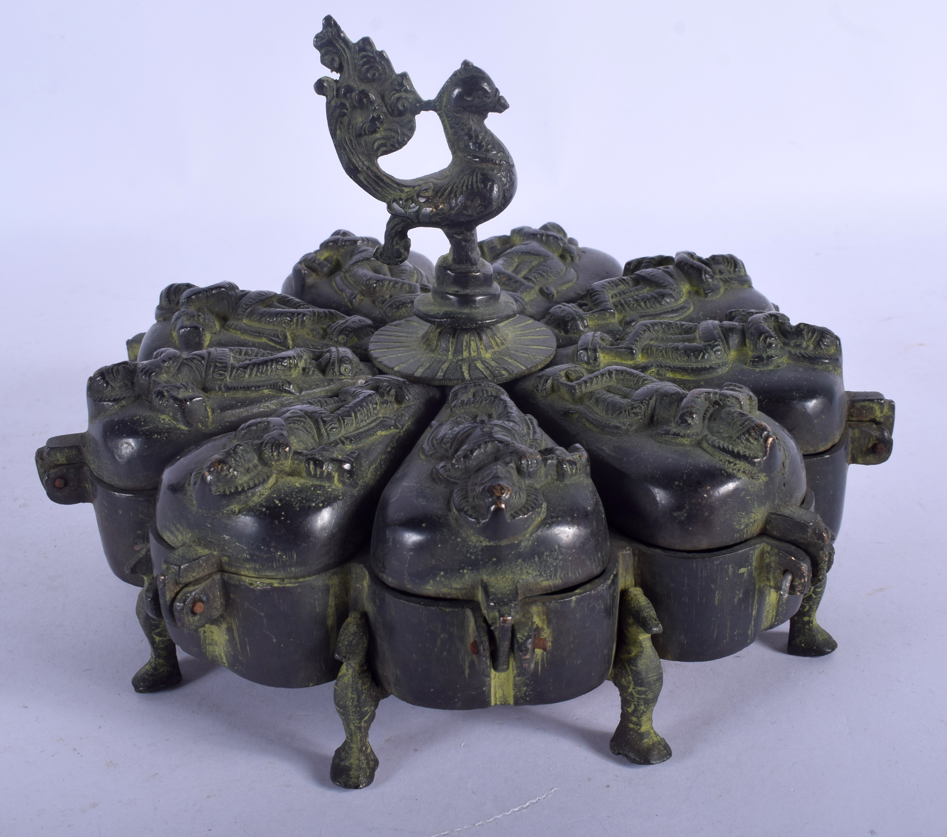 A LARGE EARLY 20TH CENTURY INDIAN BRONZE PANDAN SPICE BOX decorated with Buddhistic figures. 20 cm - Bild 2 aus 3