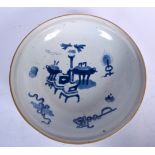 A 19TH CENTURY CHINESE BLUE AND WHITE DEEP BOWL Qing, painted with precious objects. 29 cm wide