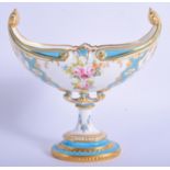 Royal Crown Derby boat shaped pedestal vase painted with roses and other flowers with turquoise and