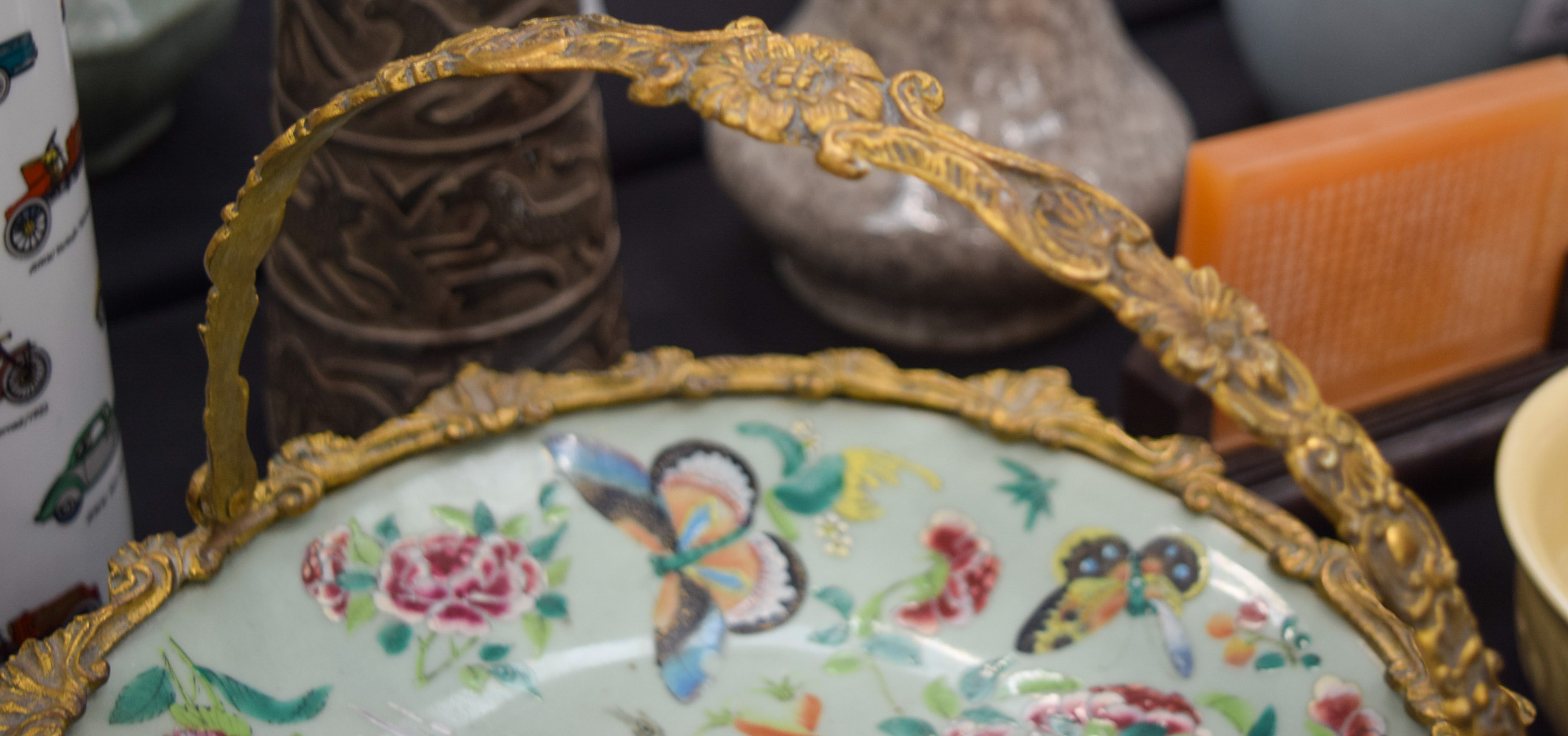 A 19TH CENTURY CHINESE CELADON FAMILLE ROSE PLATE with French bronze ormolu mounts. 28 cm x 24 cm. - Image 5 of 8