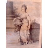 A FRAMED ANTIQUE PRINT, depicting a female stood beside a cornucopia. 28 cm x 21 cm.