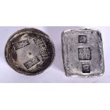 TWO CHINESE WHITE METAL INGOTS. Largest 6 cm wide. (2)