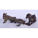 A JAPANESE BRONZE OKIMONO FORMED AS A RAT DRAGGING ITS BULGING SACK, together with a camel and a fr