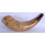 A GOOD EARLY 19TH CENTURY ENGLISH CARVED SCRIMSHAW POWDER HORN decorated with hunting scenes and Br