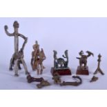 THREE SMALL BENIN BRONZE FIGURES, together with two other figures and assorted articles. Largest 15