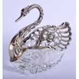 A VINTAGE CONTINENTAL SILVER MOUNTED GLASS SWAN. 10 cm x 8 cm.