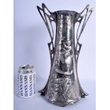 A LARGE ART NOUVEAU WMF TWIN HANDLED SILVER PLATED VASE decorated with classical maidens. 34 cm hig