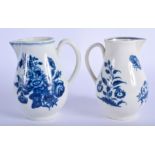 18th c. Worcester sparrow beak jug printed with Three Flowers pattern and another similar. 9.5cm hi