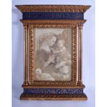 AN ANTIQUE ITALIAN GILT PAINTED BLUE WOOD FRAME containing a print of a saint. 29 cm x 42 cm.