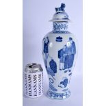 AN EARLY 20TH CENTURY CHINESE BLUE AND WHITE BALUSTER VASE AND COVER decorated with figures. 33 cm