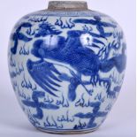 A CHINESE BLUE AND WHITE PORCELAIN GINGER JAR, decorated with a dragon and phoenix bird. 16.5 cm hi