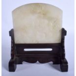 AN 18TH CENTURY CHINESE GREENISH WHITE JADE SCHOLARS SCREEN Qianlong/Jiaqing, carved with numerous