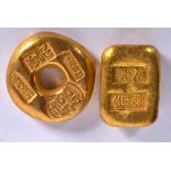 TWO CHINESE YELLOW METAL INGOTS. Largest 3.5 cm wide. (2)